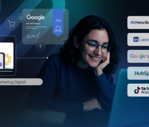 Mujer sonriente tomando un curso online de marketing digital con logos de plataformas educativas como Google, Meta Blueprint, LinkedIn Learning, HubSpot y TikTok Academy.