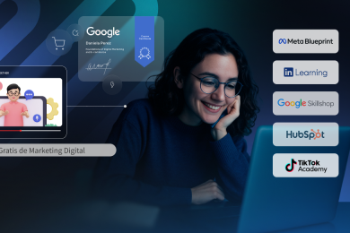 Mujer sonriente tomando un curso online de marketing digital con logos de plataformas educativas como Google, Meta Blueprint, LinkedIn Learning, HubSpot y TikTok Academy.