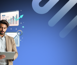 Hombre usando una tablet frente a gráficos de marketing digital con indicadores de ROI y ROAS, representando análisis de rendimiento financiero.