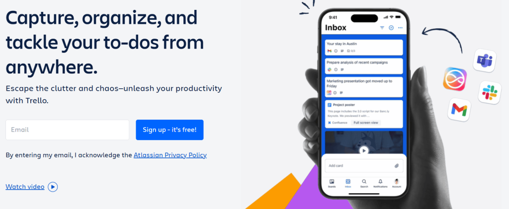 Interfaz móvil de Trello mostrando tareas organizadas, con integración a herramientas como Teams, Slack, Gmail y Google Drive