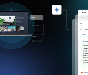 Visual de una laptop con análisis SEO y de palabras clave, junto a un celular mostrando resultados generados por IA en Google, ilustrando el concepto de GEO (Generative Engine Optimization) aplicado al posicionamiento de contenido.