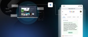 Visual de una laptop con análisis SEO y de palabras clave, junto a un celular mostrando resultados generados por IA en Google, ilustrando el concepto de GEO (Generative Engine Optimization) aplicado al posicionamiento de contenido.