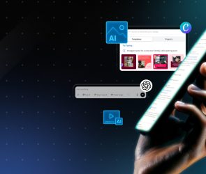 Mano sosteniendo un smartphone con interfaz de inteligencia artificial y herramientas digitales como Canva, Notion, Trello y ChatGPT, representando la automatización y creación de contenido digital con IA.
