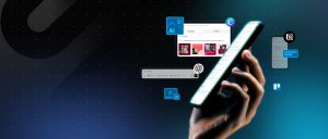 Mano sosteniendo un smartphone con interfaz de inteligencia artificial y herramientas digitales como Canva, Notion, Trello y ChatGPT, representando la automatización y creación de contenido digital con IA.