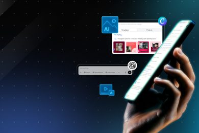 Mano sosteniendo un smartphone con interfaz de inteligencia artificial y herramientas digitales como Canva, Notion, Trello y ChatGPT, representando la automatización y creación de contenido digital con IA.