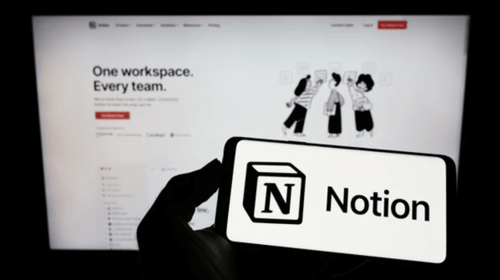 Pantalla de inicio de Notion y logo en dispositivo móvil, herramienta digital para organización y creación de contenido colaborativo