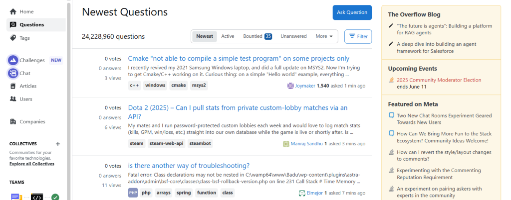 Captura de pantalla de la sección de "Newest Questions" en una plataforma de preguntas y respuestas similar a Stack Overflow, mostrando preguntas recientes, filtros de búsqueda y un blog lateral.