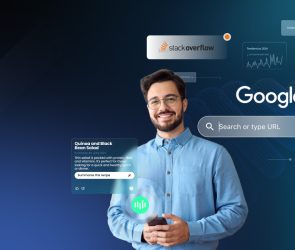 Hombre interactuando con elementos digitales que representan la alianza entre OpenAI y Stack Overflow y su impacto en la búsqueda de Google y el SEO con IA.