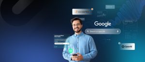 Hombre interactuando con elementos digitales que representan la alianza entre OpenAI y Stack Overflow y su impacto en la búsqueda de Google y el SEO con IA.