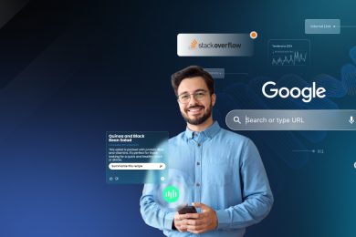 Hombre interactuando con elementos digitales que representan la alianza entre OpenAI y Stack Overflow y su impacto en la búsqueda de Google y el SEO con IA.