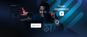 Persona analiza tendencias de búsqueda y datos de inteligencia artificial en laptop, con interfaces de OpenAI, Google y herramientas de SEO en pantalla.