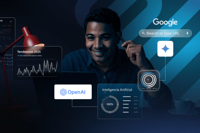 Persona analiza tendencias de búsqueda y datos de inteligencia artificial en laptop, con interfaces de OpenAI, Google y herramientas de SEO en pantalla.