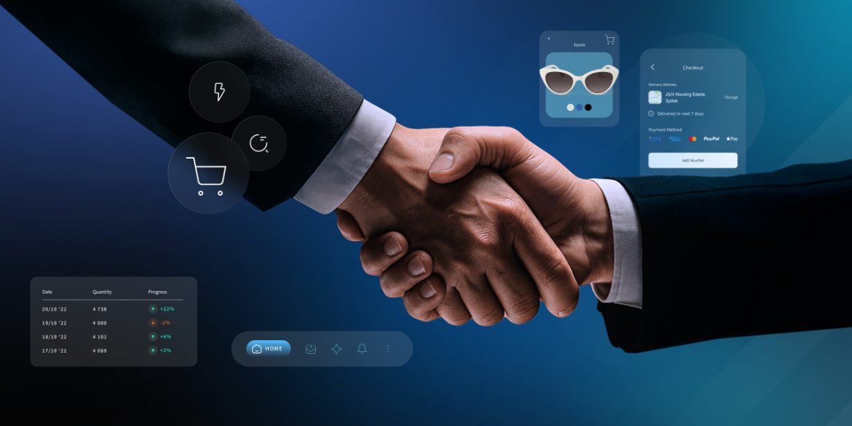 Handshake entre dos ejecutivos con íconos de comercio electrónico y gráficos de transacción digital.