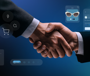 Handshake entre dos ejecutivos con íconos de comercio electrónico y gráficos de transacción digital.