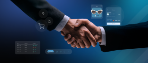 Handshake entre dos ejecutivos con íconos de comercio electrónico y gráficos de transacción digital.