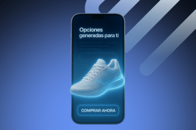 Zapatilla en pantalla de móvil con mensaje de compra personalizada generada por IA