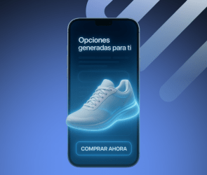 Zapatilla en pantalla de móvil con mensaje de compra personalizada generada por IA