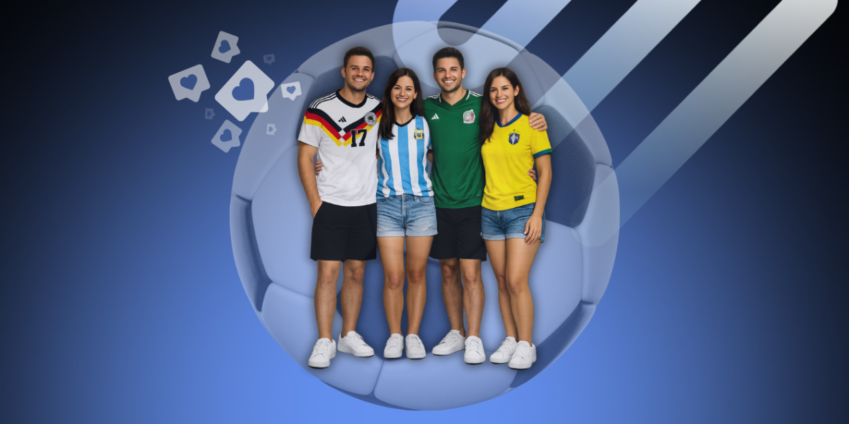 Fanáticos de fútbol de diferentes países celebrando el Mundial 2026, representando la pasión y conexión emocional que las marcas pueden aprovechar con estrategias de marketing deportivo en Latinoamérica.
