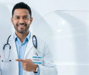 Médico especialista sonriendo y señalando una aplicación de salud en su smartphone, con un fondo digital que representa la tecnología en la captación de pacientes.