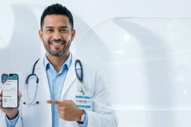 Médico especialista sonriendo y señalando una aplicación de salud en su smartphone, con un fondo digital que representa la tecnología en la captación de pacientes.