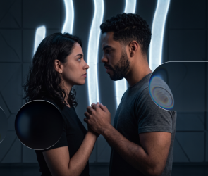 Pareja en escena dramática de tensión al estilo telenovela con estética cinematográfica moderna, representando el formato short drama de video vertical